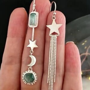 Asymmetrical Silver plated Stud Drop EarringsStar moonBoho HippieNEW